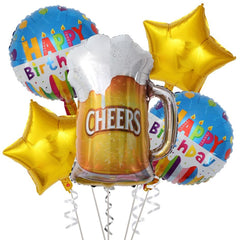 PartyCorp Happy Birthday Cheers Beer Mug Gold Star Foil Baloon Bouquet, Decoration Set, DIY Pack Of 5