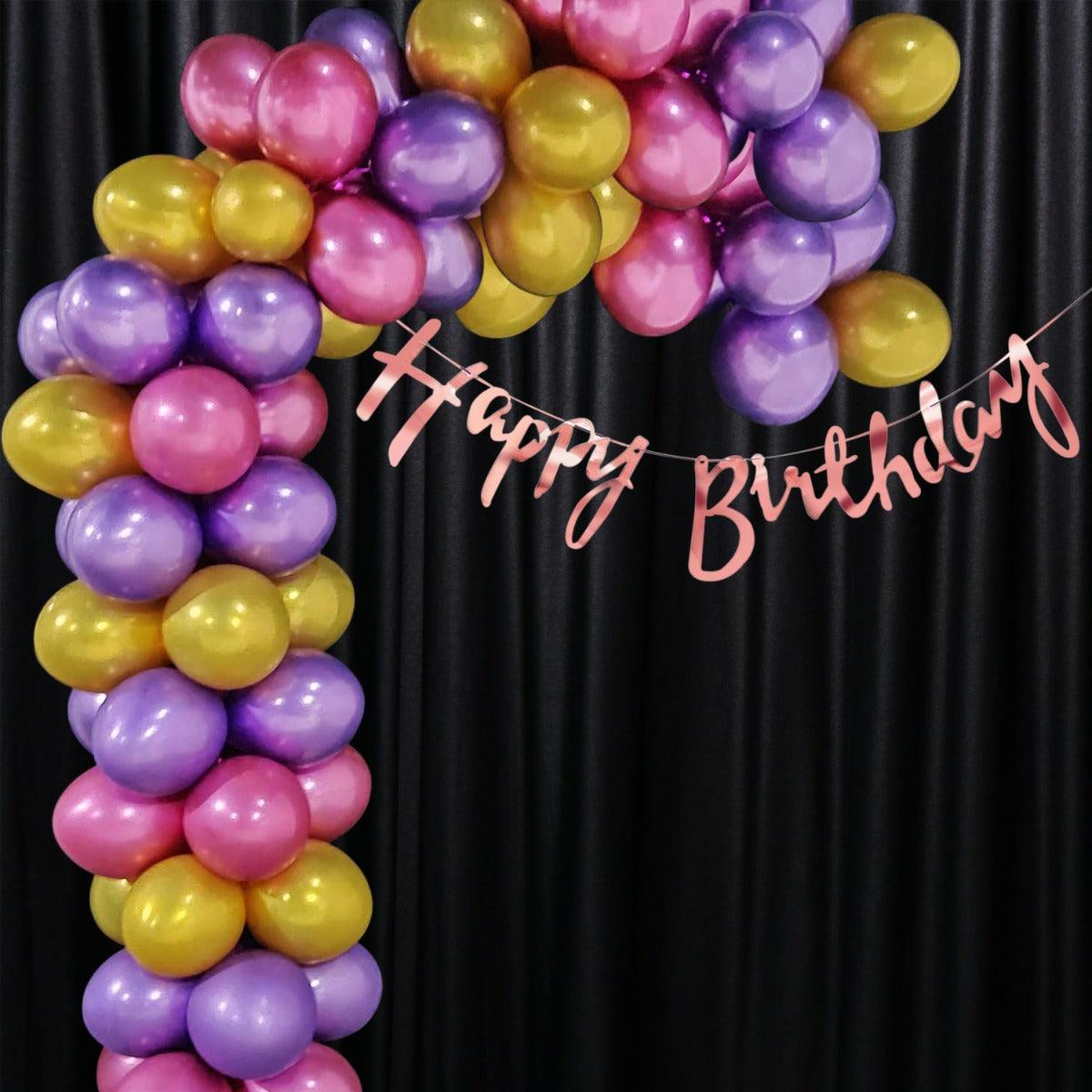 PartyCorp Happy Birthday Decoration Kit Combo 75 Pcs - Pink, Gold & Purple Chrome Balloons, Rose Gold Happy birthday Cut Out Banner