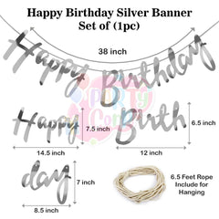 PartyCorp Happy Birthday Decoration Kit Combo 11 Pcs - Silver Confetti Balloon, Silver Happy birthday Alphabets Cut Out Banner