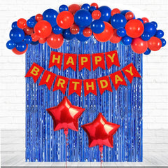 PartyCorp Happy Birthday Decoration Kit Combo 30 Pcs - Red & Blue Latex Balloon, Red & Gold Happy Birthday Banner, Blue Curtain, Red Star Foil