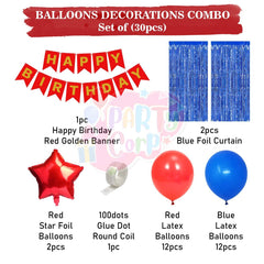 PartyCorp Happy Birthday Decoration Kit Combo 30 Pcs - Red & Blue Latex Balloon, Red & Gold Happy Birthday Banner, Blue Curtain, Red Star Foil