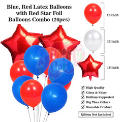 PartyCorp Happy Birthday Decoration Kit Combo 30 Pcs - Red & Blue Latex Balloon, Red & Gold Happy Birthday Banner, Blue Curtain, Red Star Foil