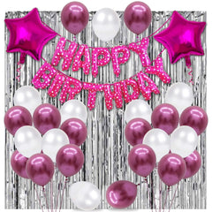 PartyCorp Happy Birthday Decoration Kit Combo 30 Pcs - Pink & White Chrome Balloons, Pink Printed Happy Birthday Banner, Silver Curtain, Pink Star Foil Balloon