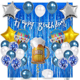 PartyCorp Happy Birthday Decoration Kit Combo 33 Pcs - Blue & White Chrome & Confetti Balloons, Silver Happy Birthday Banner, Blue Curtain, Silver Star Foil, Cheers Beer Mug Foil Balloons