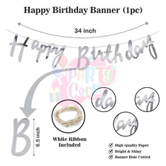 PartyCorp Happy Birthday Decoration Kit Combo 33 Pcs - Blue & White Chrome & Confetti Balloons, Silver Happy Birthday Banner, Silver Curtain, Silver Star Foil, Cheers Beer Mug Foil Balloons