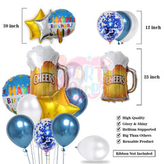 PartyCorp Happy Birthday Decoration Kit Combo 33 Pcs - Blue & White Chrome & Confetti Balloons, Silver Happy Birthday Banner, Blue Curtain, Silver Star Foil, Cheers Beer Mug Foil Balloons