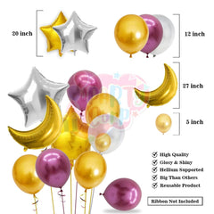 PartyCorp Happy Birthday Decoration Kit Combo 35 Pcs - Pink & Gold Chrome Balloons, Pink & Gold Happy Birthday Banner, Pink Curtain, Moon & Star Foil Balloon Bouquet
