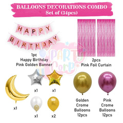 PartyCorp Happy Birthday Decoration Kit Combo 34 Pcs - Pink, Pink & Gold Chrome Balloons(24 pcs), 1 pc Pink & Gold Happy Birthday Printed Banner, 2 pc Pink Big Foil Curtain, 1 pc Moon & Star Foil Balloon Bouquet