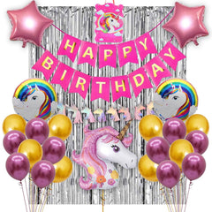 PartyCorp Happy Birthday Decoration Kit Combo 35 Pcs - Pink & Gold Chrome Balloons, Pink & Gold Happy Birthday Banner, Silver Curtain, Unicorn Theme Balloon Bouquet, Khoi Bag,Bunting Banner