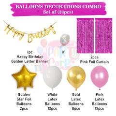 PartyCorp Happy Birthday Decoration Kit Combo 38 Pcs - Gold, Pink & White Latex Balloon, Gold Happy Birthday Banner, Pink Curtain, Gold Star Foil