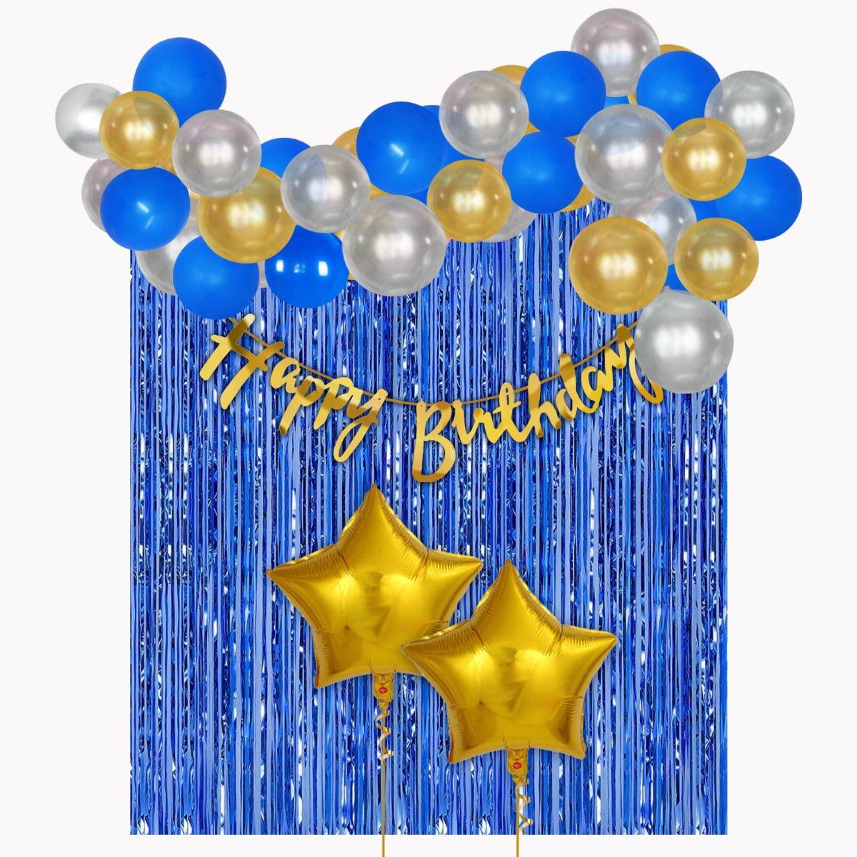 PartyCorp Happy Birthday Decoration Kit Combo 38 Pcs - Gold, Silver & Blue Latex Balloon, Gold Happy Birthday Banner, Blue Curtain, Gold Star Foil