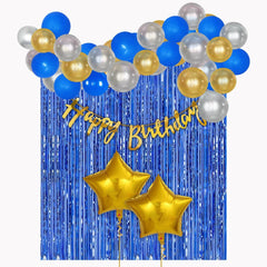 PartyCorp Happy Birthday Decoration Kit Combo 38 Pcs - Gold, Silver & Blue Latex Balloon, Gold Happy Birthday Banner, Blue Curtain, Gold Star Foil