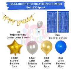 PartyCorp Happy Birthday Decoration Kit Combo 38 Pcs - Gold, Silver & Blue Latex Balloon, Gold Happy Birthday Banner, Blue Curtain, Gold Star Foil