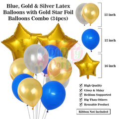 PartyCorp Happy Birthday Decoration Kit Combo 38 Pcs - Gold, Silver & Blue Latex Balloon, Gold Happy Birthday Banner, Blue Curtain, Gold Star Foil