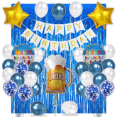 PartyCorp Happy Birthday Decoration Kit Combo 38 Pcs - Blue & White Chrome & Confetti Balloons, White & Gold Happy Birthday Banner, Blue Curtain, Cheers Beer Mug Foil Balloons