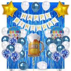 PartyCorp Happy Birthday Decoration Kit Combo 38 Pcs - Blue & White Chrome & Confetti Balloons, White & Gold Happy Birthday Banner, Blue Curtain, Cheers Beer Mug Foil Balloons