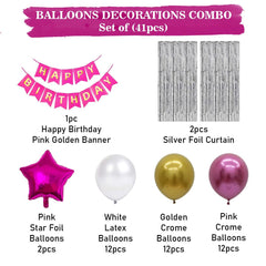 PartyCorp Happy Birthday Decoration Kit Combo 42 Pcs - Pink, Gold & White Chrome Balloons, Pink & Gold Happy Birthday Banner, Silver Curtain, Pink Star Foil Balloon