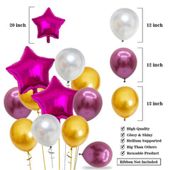 PartyCorp Happy Birthday Decoration Kit Combo 42 Pcs - Pink, Gold & White Chrome Balloons, Pink & Gold Happy Birthday Banner, Silver Curtain, Pink Star Foil Balloon