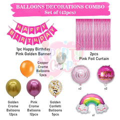 PartyCorp Happy Birthday Decoration Kit Combo 43 Pcs - Gold, Pink, Copper Chrome & Confetti Balloons, Pink & Gold Happy Birthday Banner, Pink Curtain, Rainbow & Cloud Foil Balloons