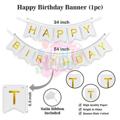 PartyCorp Happy Birthday Decoration Kit Combo 43 Pcs - Gold, Copper & White Chrome & Confetti Balloons, White & Gold Happy Birthday Banner, Blue Curtain, Cheers Beer Mug Foil Balloons