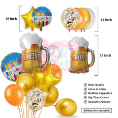PartyCorp Happy Birthday Decoration Kit Combo 43 Pcs - Gold, Copper & White Chrome & Confetti Balloons, White & Gold Happy Birthday Banner, Blue Curtain, Cheers Beer Mug Foil Balloons