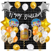 PartyCorp Happy Birthday Decoration Kit Combo 45 Pcs - Gold, Copper & White Chrome & Confetti Balloons, Silver Happy Birthday Banner, Black Curtain, Sliver Star Foil, Cheers Beer Mug Foil Balloons