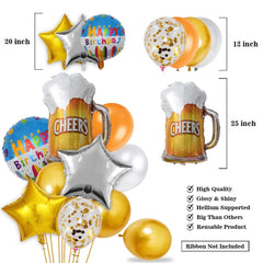 PartyCorp Happy Birthday Decoration Kit Combo 45 Pcs - Gold, Copper & White Chrome & Confetti Balloons, Silver Happy Birthday Banner, Black Curtain, Sliver Star Foil, Cheers Beer Mug Foil Balloons
