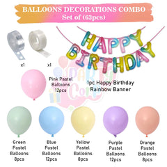 PartyCorp Happy Birthday Decoration Kit Combo 63 Pcs - Pink, Green, Blue, Yellow, Purple & Orange Pastel Balloons, Rainbow Happy Birthday Banner
