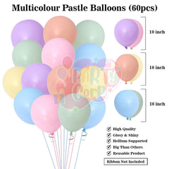 PartyCorp Happy Birthday Decoration Kit Combo 63 Pcs - Pink, Green, Blue, Yellow, Purple & Orange Pastel Balloons, Rainbow Happy Birthday Banner