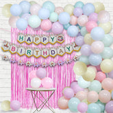 PartyCorp Happy Birthday Decoration Kit Combo 70 Pcs - Pink, Green, Blue, Yellow, Purple & Orange Pastel Balloons, Happy Birthday Bannner, Elephant Pennant Banner, Pink Curtain