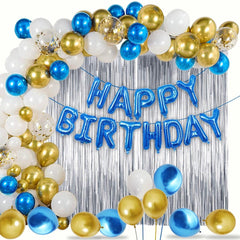 PartyCorp Happy Birthday Decoration Kit Combo 70 Pcs - Gold, Blue, White Chrome & Gold Confetti Balloons, Blue Happy Birthday Banner, Silver Curtain