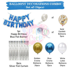 PartyCorp Happy Birthday Decoration Kit Combo 70 Pcs - Gold, Blue, White Chrome & Gold Confetti Balloons, Blue Happy Birthday Banner, Silver Curtain