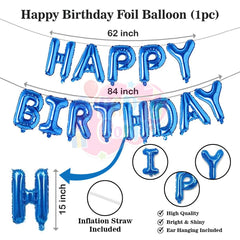 PartyCorp Happy Birthday Decoration Kit Combo 70 Pcs - Gold, Blue, White Chrome & Gold Confetti Balloons, Blue Happy Birthday Banner, Silver Curtain