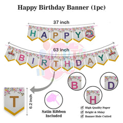 PartyCorp Happy Birthday Decoration Kit Combo 70 Pcs - Pink, Green, Blue, Yellow, Purple & Orange Pastel Balloons, Happy Birthday Bannner, Elephant Pennant Banner, Pink Curtain