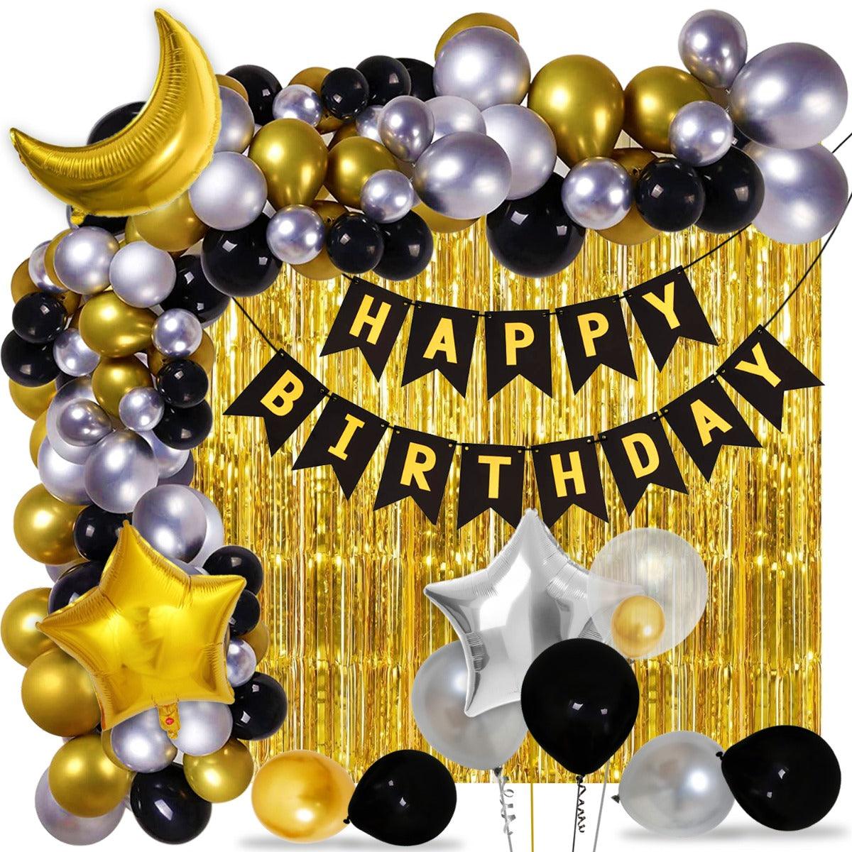 PartyCorp Happy Birthday Decoration Kit Combo 84 Pcs - Gold, Black & Silver Chrome Balloons, Black & Gold Happy Birthday Banner, Gold Curtain, Moon & Star Foil Balloon Bouquet
