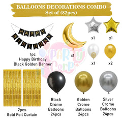 PartyCorp Happy Birthday Decoration Kit Combo 82 Pcs - Gold, Black & Silver Chrome Balloons(72 pcs), 1 pc Black & Gold Happy Birthday Printed Banner, 2 pc Gold Big Foil Curtain, 1 pc Moon & Star Foil Balloon Bouquet