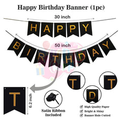 PartyCorp Happy Birthday Decoration Kit Combo 82 Pcs - Gold, Black & Silver Chrome Balloons(72 pcs), 1 pc Black & Gold Happy Birthday Printed Banner, 2 pc Gold Big Foil Curtain, 1 pc Moon & Star Foil Balloon Bouquet