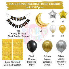 PartyCorp Happy Birthday Decoration Kit Combo 82 Pcs - Gold, Black & Silver Chrome Balloons, Black & Gold Happy Birthday Printed Banner, Gold Square Foil Curtain, Moon & Star Foil Balloon Bouquet