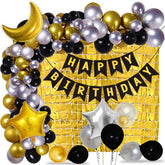 PartyCorp Happy Birthday Decoration Kit Combo 84 Pcs - Gold, Black & Silver Chrome Balloons, Black & Gold Happy Birthday Printed Banner, Gold Curtain, Moon & Star Foil Balloon