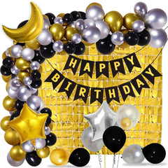 PartyCorp Happy Birthday Decoration Kit Combo 82 Pcs - Gold, Black & Silver Chrome Balloons, Black & Gold Happy Birthday Printed Banner, Gold Square Foil Curtain, Moon & Star Foil Balloon Bouquet