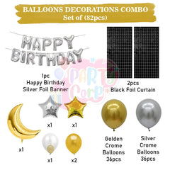 PartyCorp Happy Birthday Decoration Kit Combo 82 Pcs - Gold & Silver Chrome Balloons, Silver Happy birthday Foil Balloon Banner, Black Square Foil Curtain, Moon & Stars Foil Balloon Bouquet
