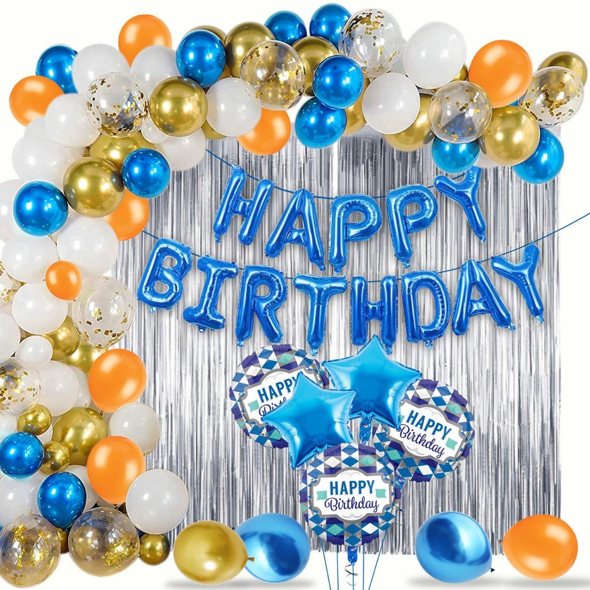 PartyCorp Happy Birthday Decoration Kit Combo 90 Pcs - Gold, Blue, White, Copper Chrome & Confetti Balloons, Blue Happy Birthday Banner, Silver Curtain, Blue Star & White Diamond Balloons