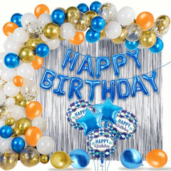 PartyCorp Happy Birthday Decoration Kit Combo 90 Pcs - Gold, Blue, White, Copper Chrome & Confetti Balloons, Blue Happy Birthday Banner, Silver Curtain, Blue Star & White Diamond Balloons