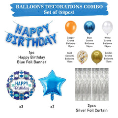 PartyCorp Happy Birthday Decoration Kit Combo 88 Pcs - Gold, Blue, White, Copper Chrome & Confetti Balloons(80 pcs), 1 pc Blue Happy Birthday Foil Balloon Banner, 2 Silver Square Foil Curtain, 2 Blue Star Foil Balloon, 3 Blue & White Happy Birthday Round