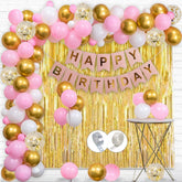 PartyCorp Happy Birthday Decoration Kit Combo 94 Pcs - White, Pink Latex, Gold Chrome & Confetti Balloons, Pink & Gold Happy Birthday Banner, Gold Curtain