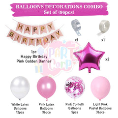 PartyCorp Happy Birthday Decoration Kit Combo 94 Pcs - White, Pink Latex, Pink Pastel & Confetti Balloons, Pink & Gold Happy Birthday Banner, Pink Star Foil Balloon