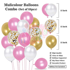 PartyCorp Happy Birthday Decoration Kit Combo 94 Pcs - White, Pink Latex, Gold Chrome & Confetti Balloons, Pink & Gold Happy Birthday Banner, Gold Curtain