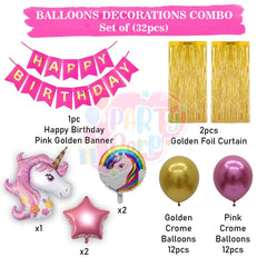 PartyCorp Happy Birthday Decoration Kit Combo Unicorn Theme 32 Pcs - Gold, Pink & Gold Chrome Balloons(24 pcs), 1 pc Pink & Gold Happy Birthday Printed Banner, 2 pc Gold Big Foil Curtain, 1 pc Unicorn Theme Pink Foil Balloon Bouquet
