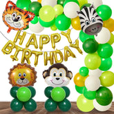 PartyCorp Jungle Safari Happy Birthday Decoration Kit Combo 59 Pcs - Dark Green, Yellow, Light Green & White Latex & Gold Chrome Balloons, Gold Happy Birthday Banner, Animal Head Foil Balloons