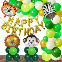 PartyCorp Jungle Safari Happy Birthday Decoration Kit Combo 59 Pcs - Dark Green, Yellow, Light Green & White Latex & Gold Chrome Balloons, Gold Happy Birthday Banner, Animal Head Foil Balloons